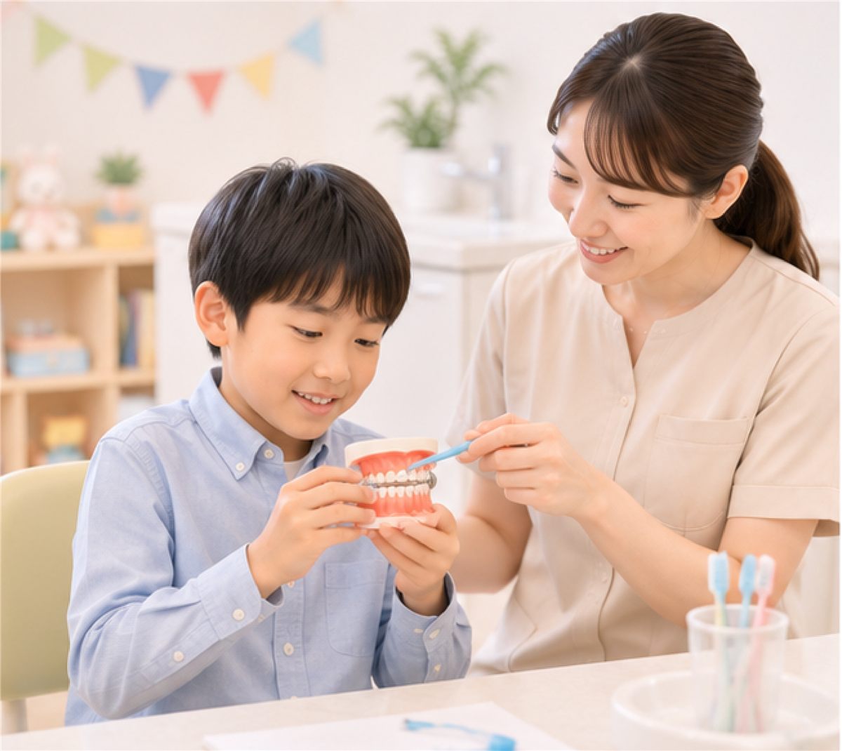お子さまへのブラッシング指導の様子